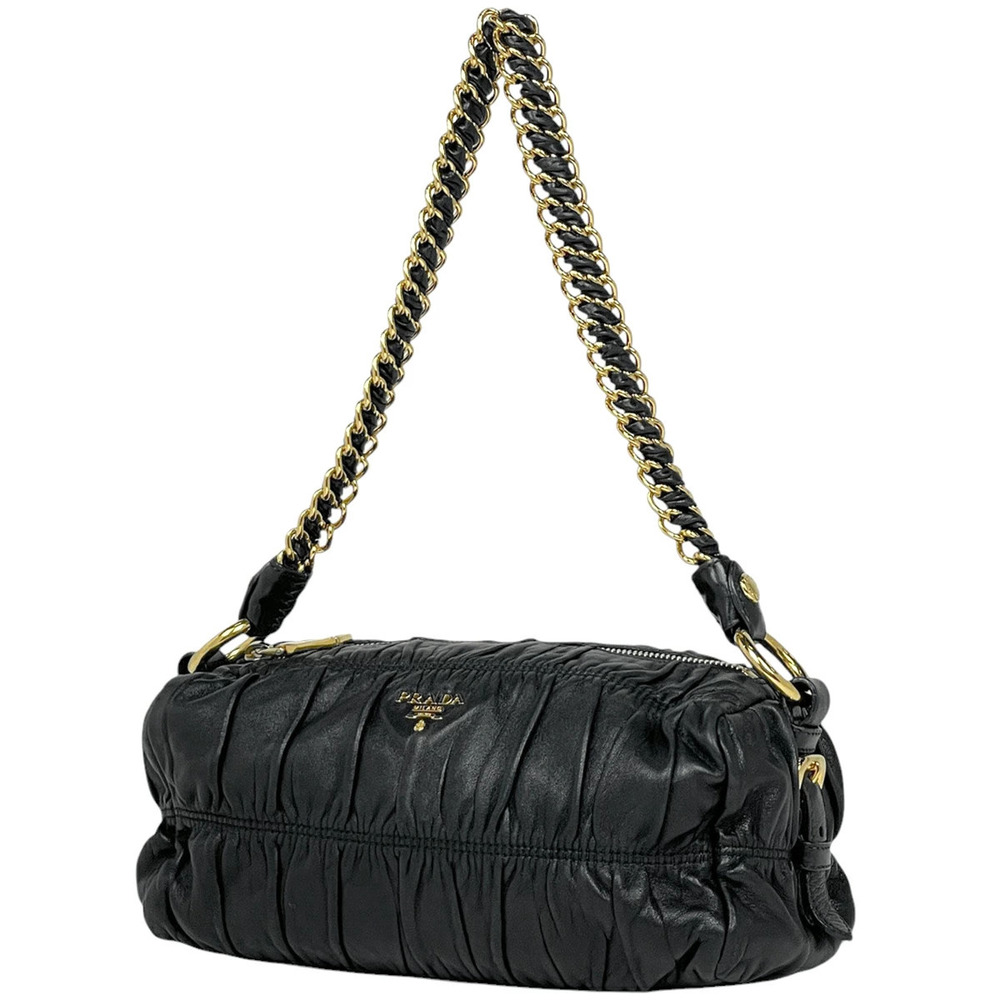 Prada logo chain Shoulder Bag Hobo gathered leather black Nero Black